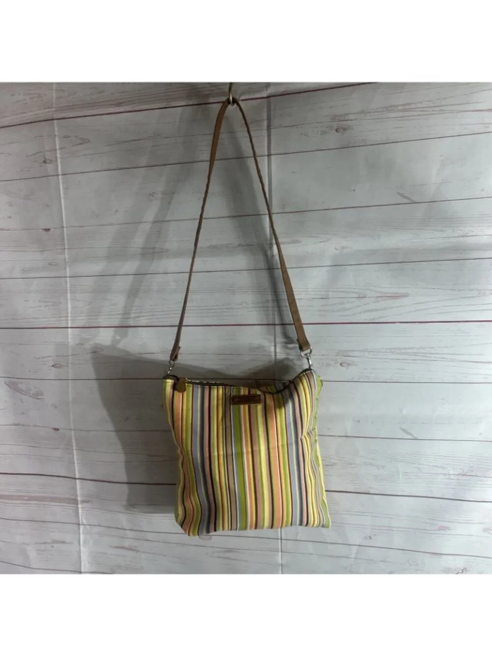 Longaberger Shoulder Bag Multicolor Brown, Green Blue Yellow Stripe Zip close